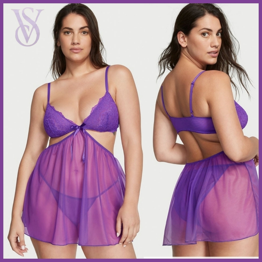 Victoria's Secret Lace Mesh Cut-Out Babydoll Lingerie in purple size small *NWTs